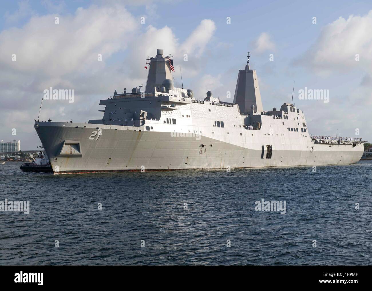 The USN San Antonio-class amphibious transport dock ship USS New York arrives at the Port Everglades Cruise Port May 1, 2017 in Fort Lauderdale, Florida.     (photo by Bill Dodge/US Navy  via Planetpix) Stock Photo