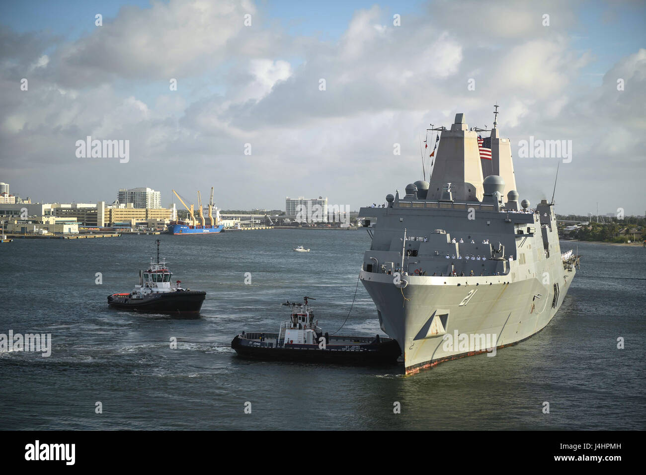 The USN San Antonio-class amphibious transport dock ship USS New York arrives at the Port Everglades Cruise Port May 1, 2017 in Fort Lauderdale, Florida.     (photo by Ernest R. Scott /US Navy  via Planetpix) Stock Photo