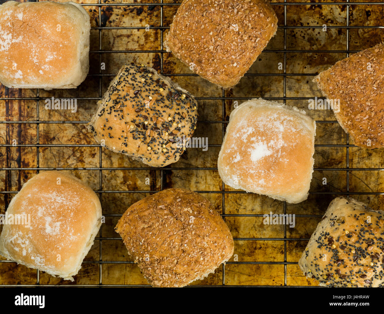 Selection of Mixed Bread Rolls or Buns on an Oven Cooling Tray Stock
