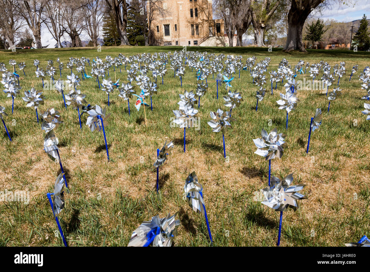 Pinwheels for Prevention, symbols for Prevention Against Child Abuse month, central Colorado, USA Stock Photo