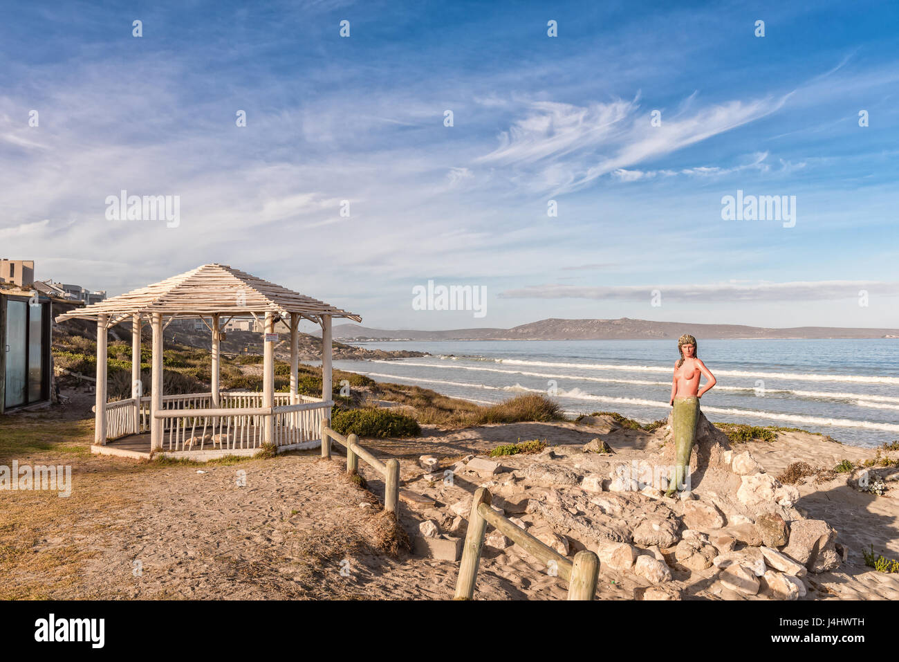 LANGEBAAN, SOUTH AFRICA - APRIL 1, 2017: A mermaid and a gazebo at Boesmanland Plaaskombuis, a restaurant at Mykonos in Langebaan, a town on the Atlan Stock Photo