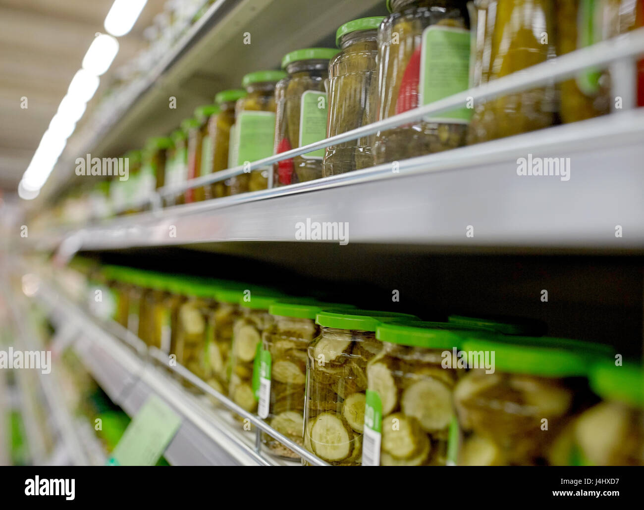 jars of pickles on grocery or supermarket shelves Stock Photo Alamy