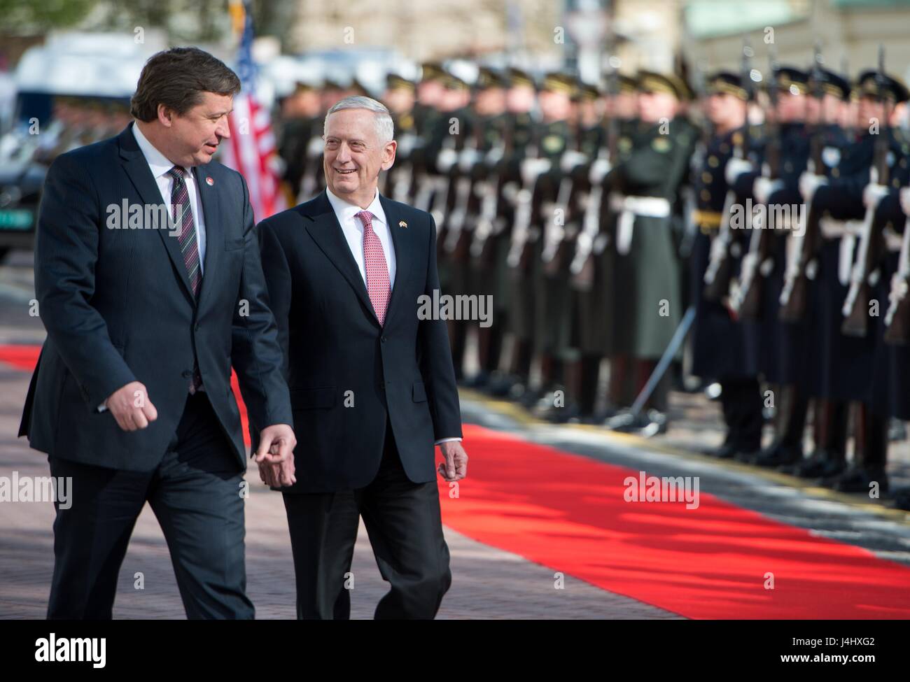 U.S. Secretary of Defense James Mattis is escorted by Lithuanian Defence Minister Raimundas Karoblis during a review of the honor guard on arrival for meetings at the Ministry of Defence May 10, 2017 in Vilnius, Lithuania. Stock Photo