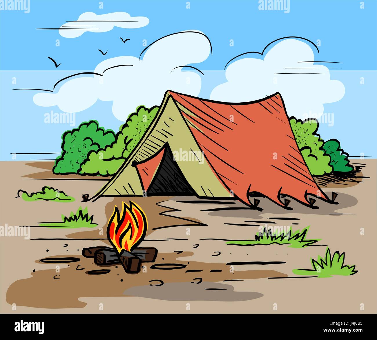 Hiking, camping outdoor recreation concept with tent, trees, bonfire. Stock Vector