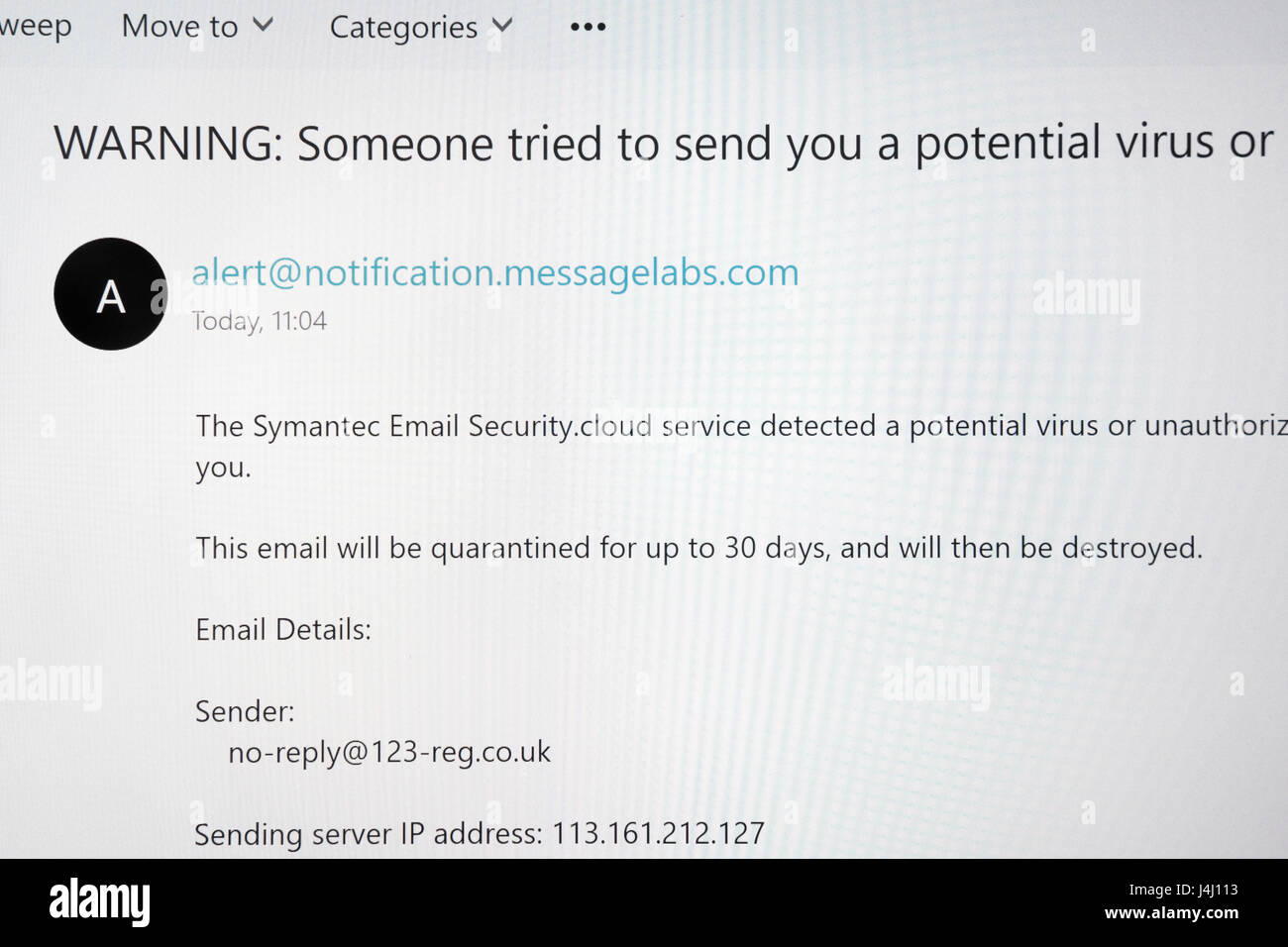 An email warning that you have been sent a potential virus Stock Photo Alamy