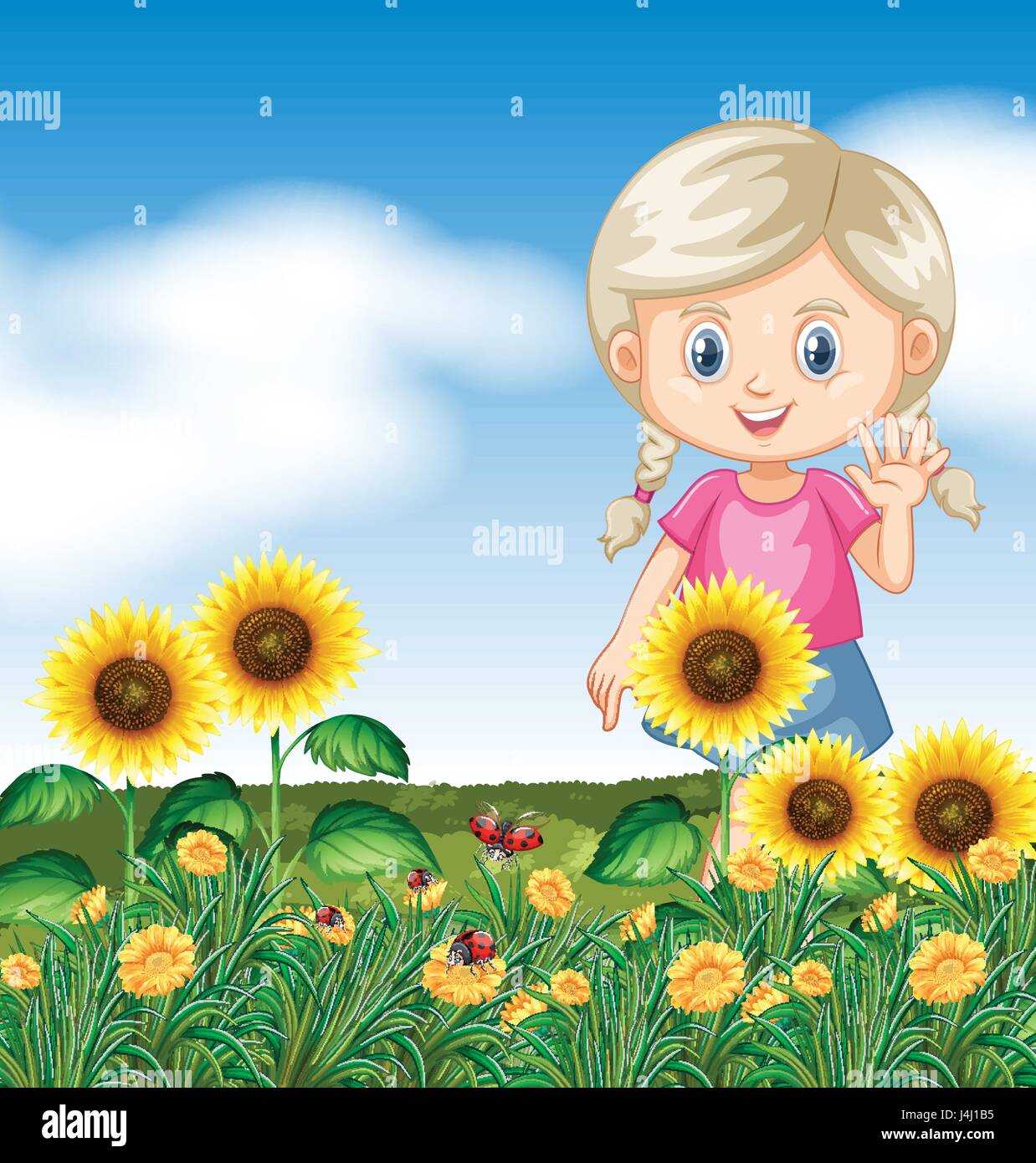 Cute girl in sunflower garden illustration Stock Vector Image & Art - Alamy