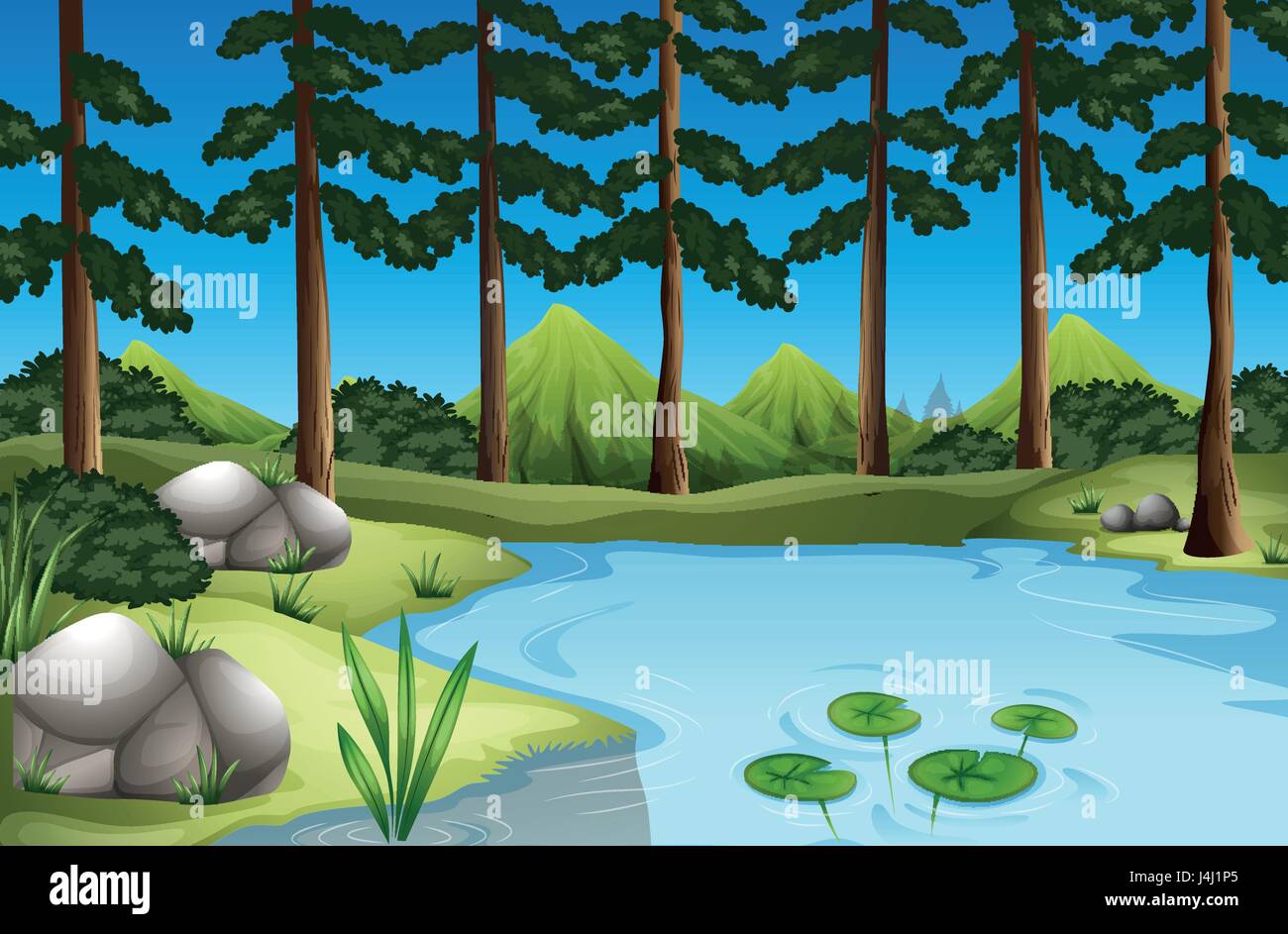 Forest scene with trees and river illustration Stock Vector Image & Art ...
