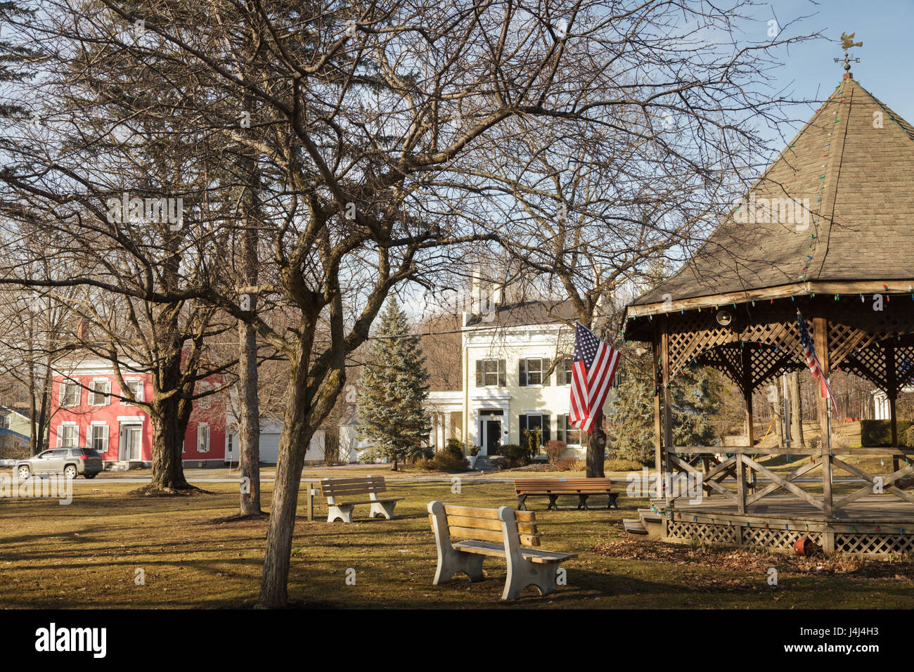 Bandstand, park and historic homes, Greenwich, Washington County, New