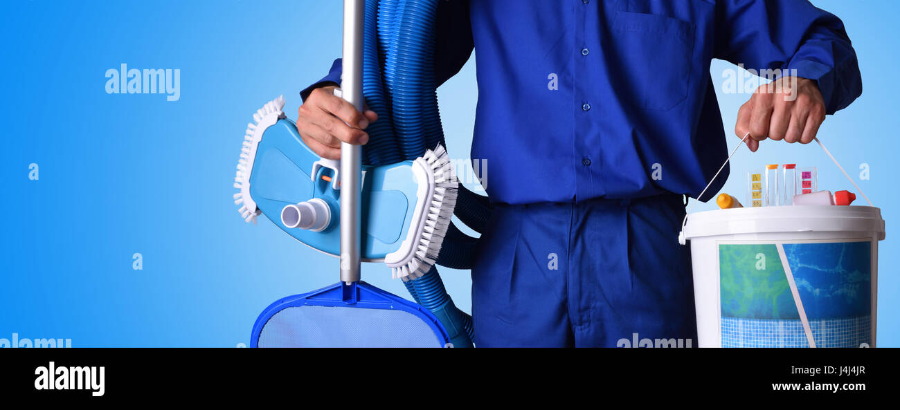 Pool Cleaner Job Concept swimming pool maintenance worker with chemical cleaning ...
