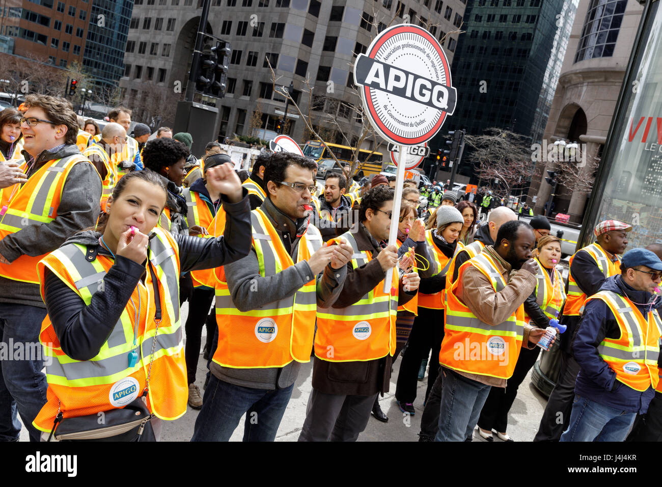 A labor union protest on Rue McGill College, Montreal, Quebec, Canada Stock Photo