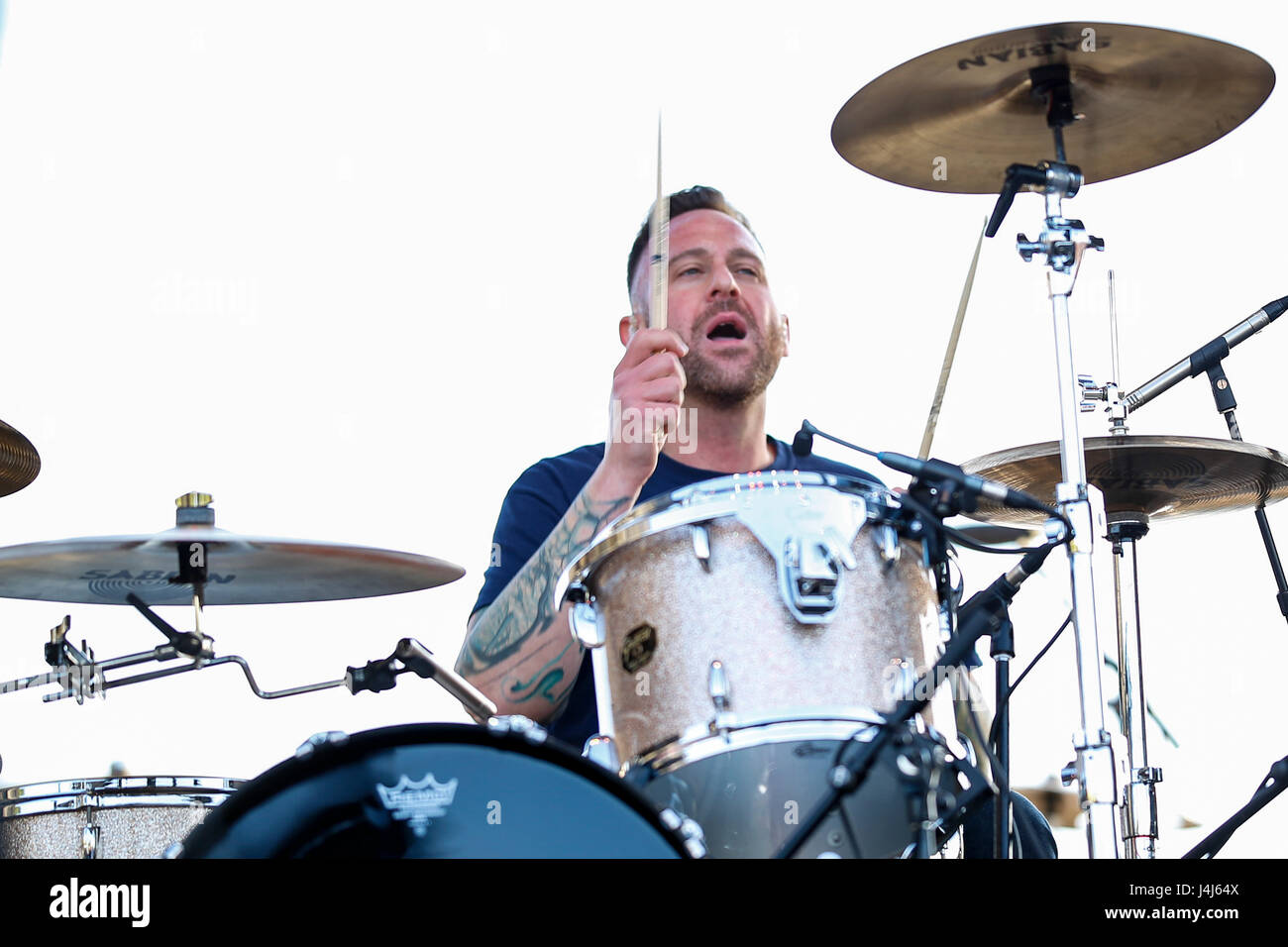 Mark O'Connell, drummer of Taking Back Sunday performs at the 2017 Beale Street Music Festival at Tom Lee Park in Memphis, Tenn. on May 5, 2017. Stock Photo