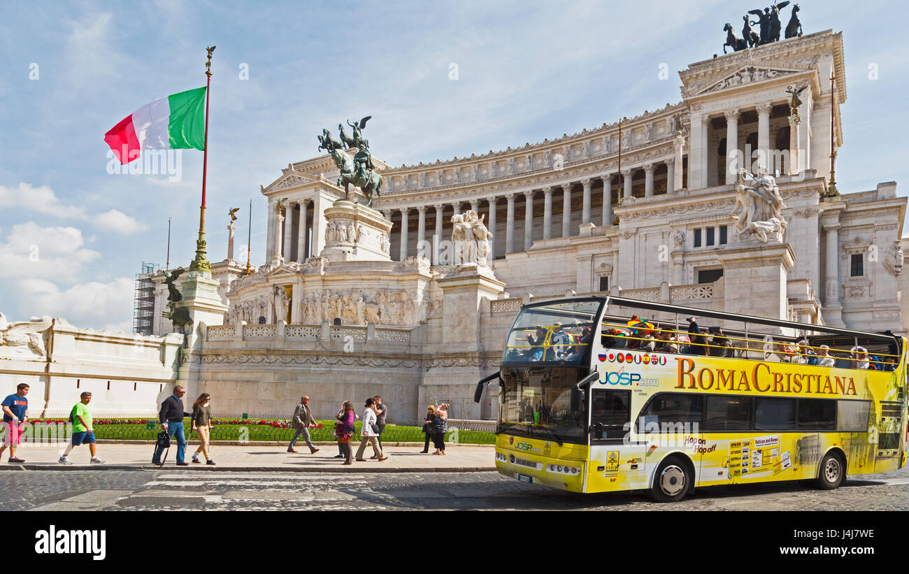 Rome, Italy. Rome Tour Bus In Front Of The Vittoriano. Monumento A 