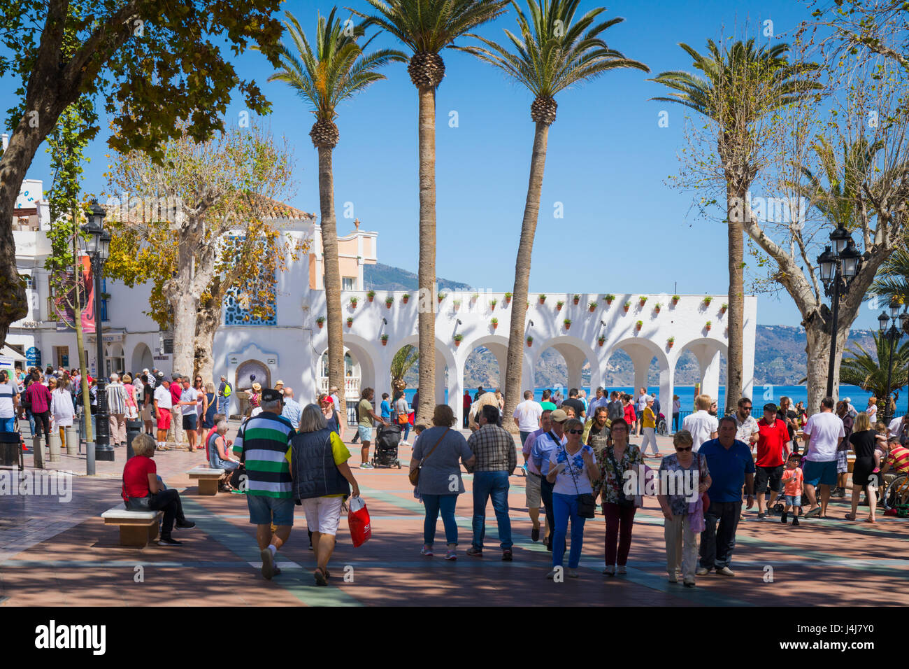 Nerja, Costa del Sol, Malaga Province, Andalusia, southern Spain.  Crowds strolling on the Plaza Balcon de Europa. Stock Photo