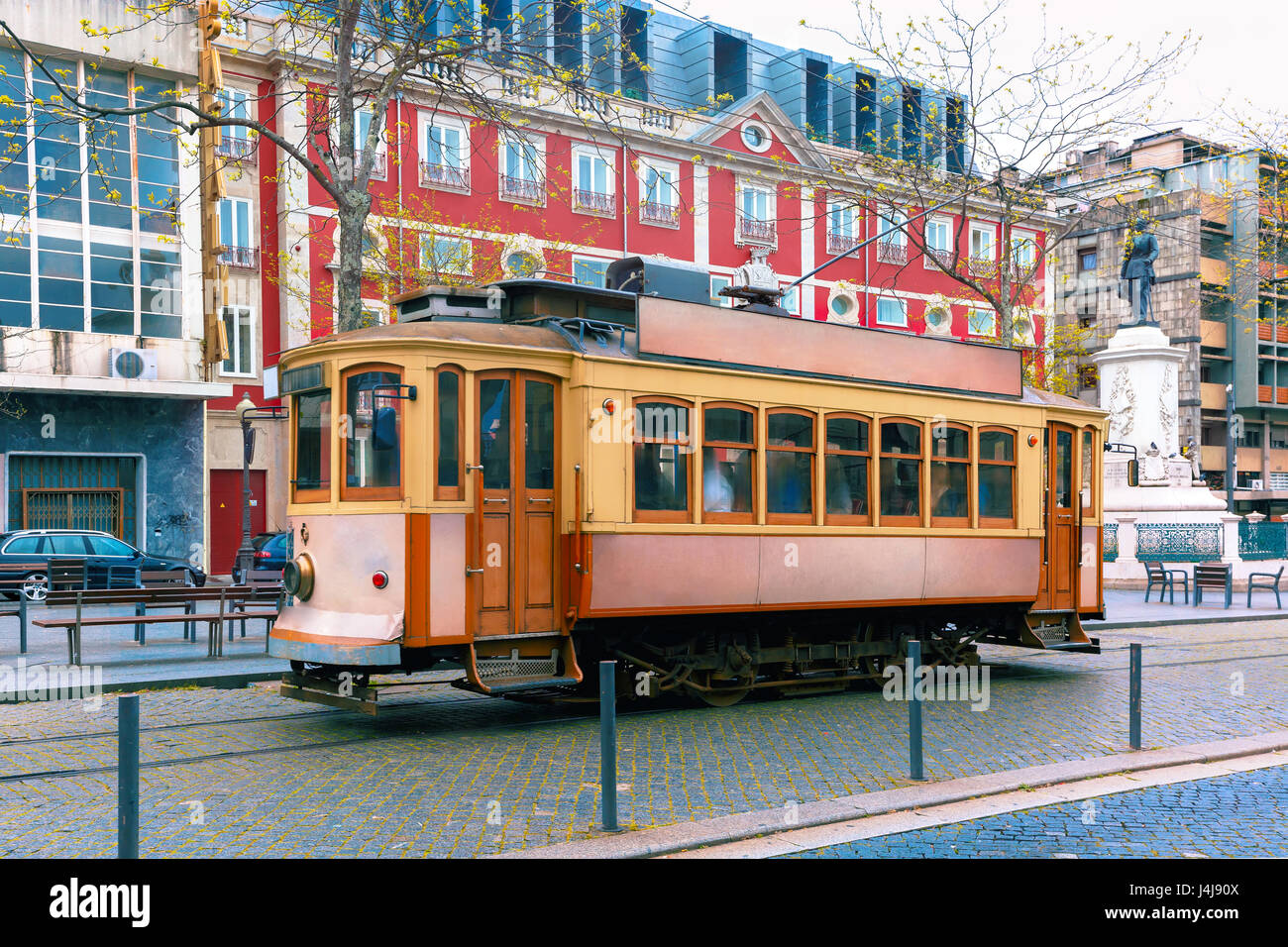 Famous vintage tram on street of Old Town, Porto, Portugal Stock Photo