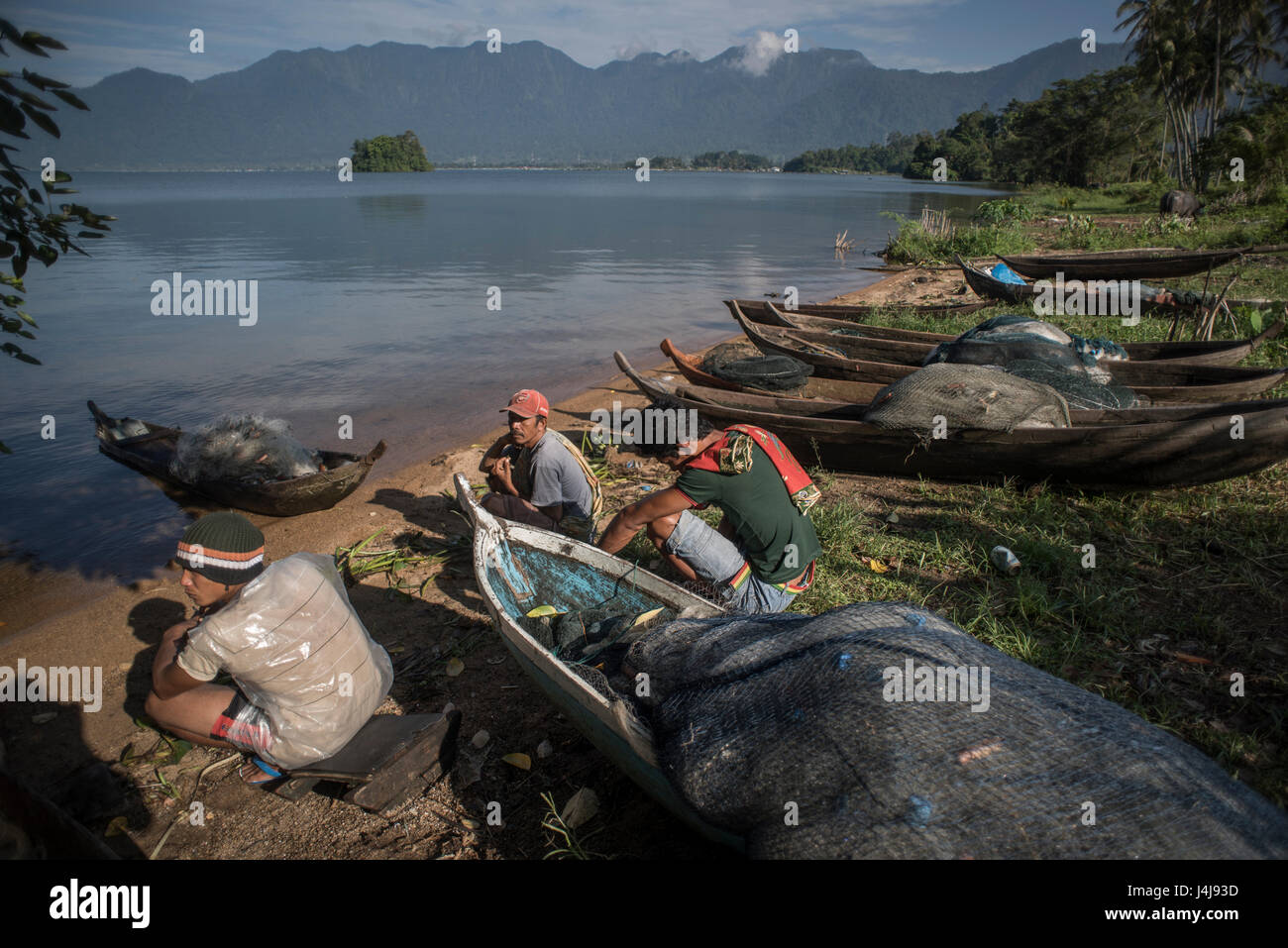 Fishermen at the Lake Maninjau, Sumatra, Indonesia. Stock Photo