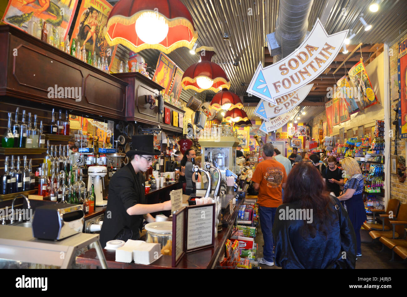 Interior of the Big Top Candy Shop on S Congress Avenue in Austin, Texas, selling traditional American sweets and candies Stock Photo