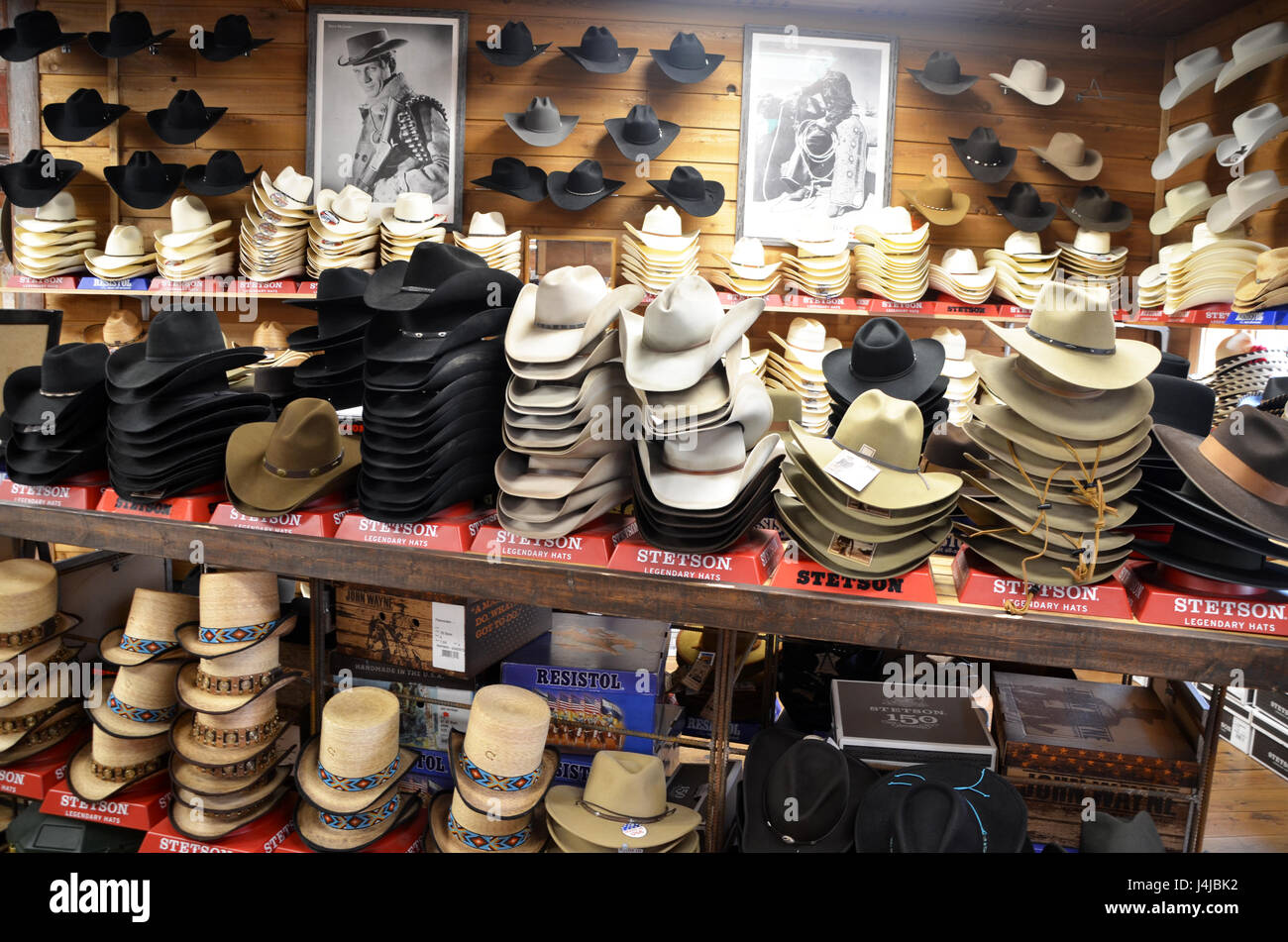 cowboy hats displayed in allens boots store austin texas Stock Photo