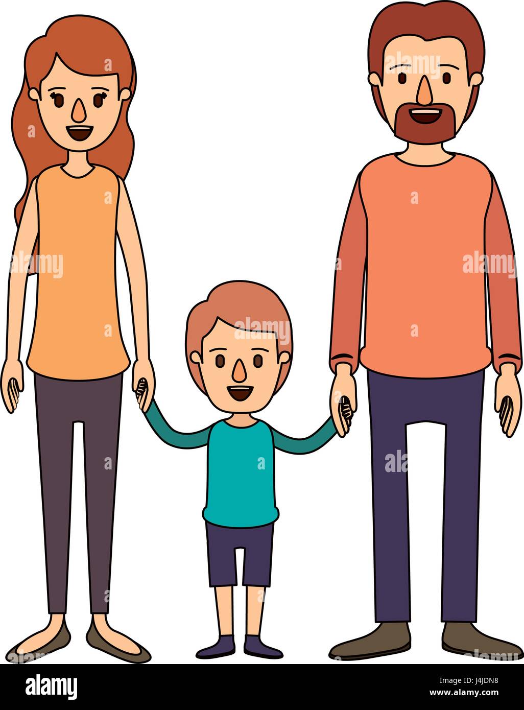 color image caricature family with parents and little boy taken hands ...