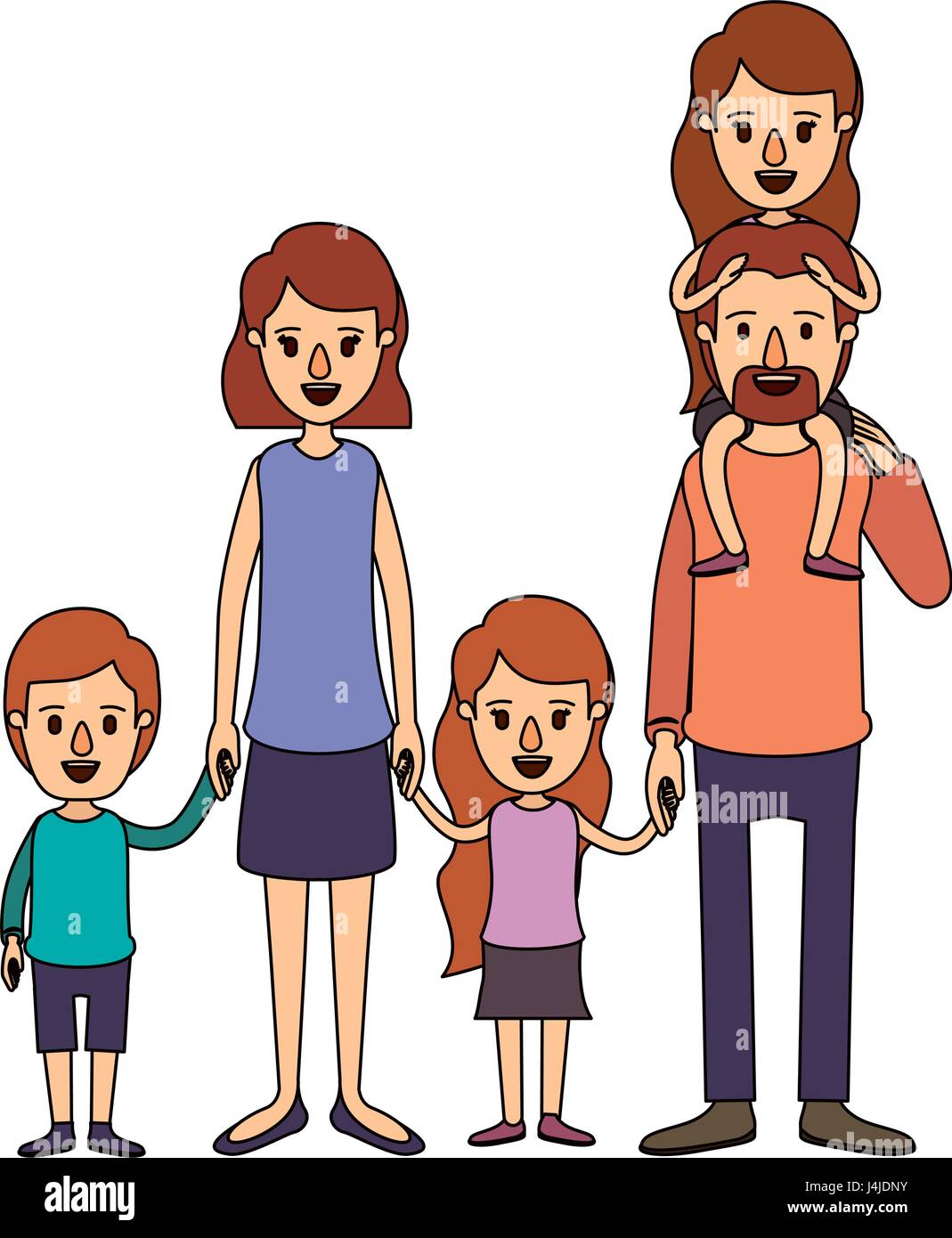 color image caricature big family parents with girl on his back and  children taken hands Stock Vector Image & Art - Alamy