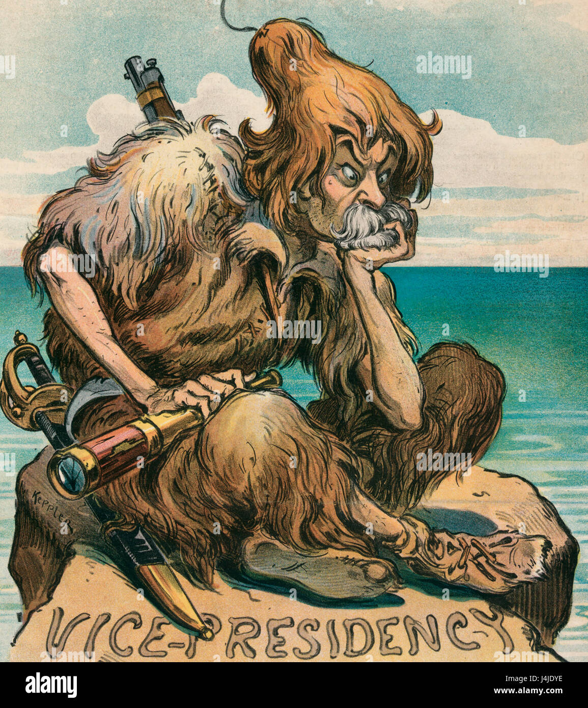 Robinson Crusoe Fairbanks -  Illustration shows Charles W. Fairbanks as Robinson Crusoe sitting on a rock labeled 'Vice-Presidency' on the shore of a vast sea.Political Cartoon 1906 Stock Photo