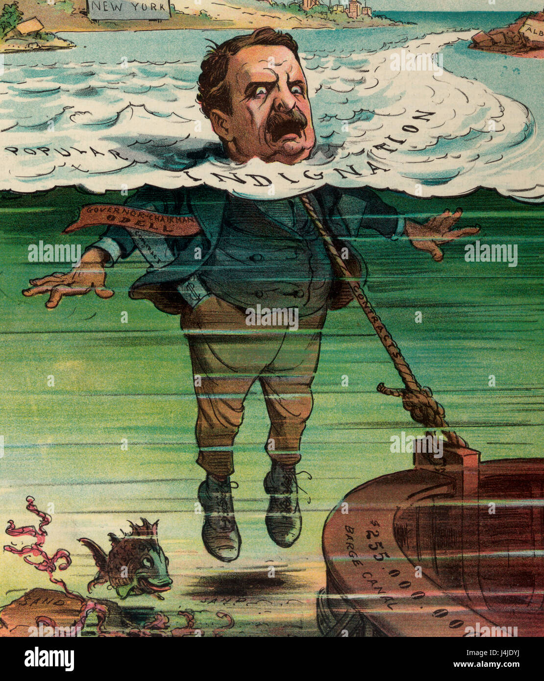 The rising tide -  Illustration shows the governor of New York, Benjamin B. Odell, tied with a rope labeled 'Contracts' to a submerged barge labeled '$255,000,000 Barge Canal'; he is up to his neck in water labeled 'Popular Indignation' and cannot touch the 'sand' with his feet. Political cartoon, 1904 Stock Photo