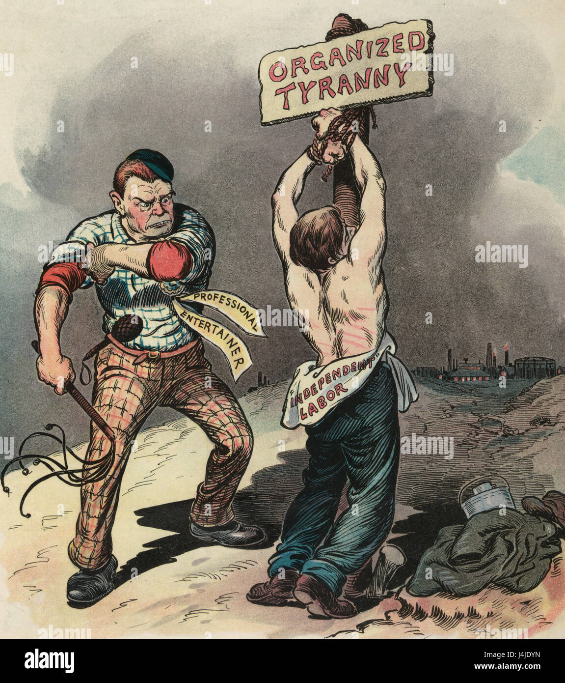 Will the white slave have a Lincoln?  Illustration shows a man labeled ''Independent' Labor' tied to a post labeled 'Organized Tyranny' and being whipped by a man labeled 'Professional Entertainer'; in the background, a factory is burning. Political Cartoon, 1904 Stock Photo