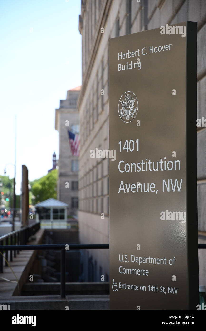Sign in front of the Herbert Hoover U.S. Commerce Department building in Washington, D.C., USA Stock Photo