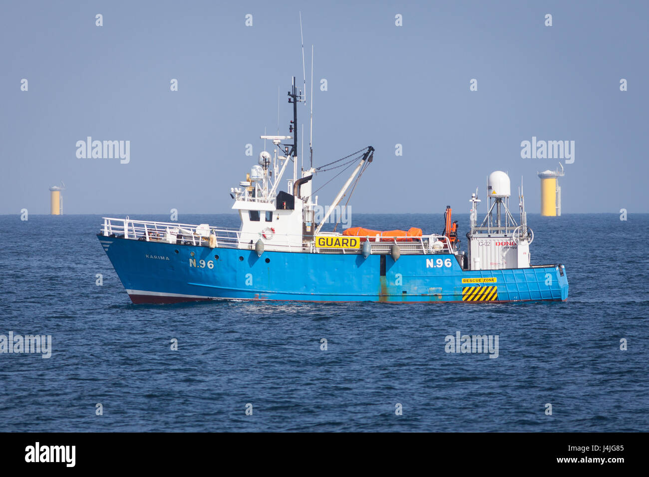 Guard vessel, Karima, on the Walney Extension Offshore Wind Farm construction project Stock Photo