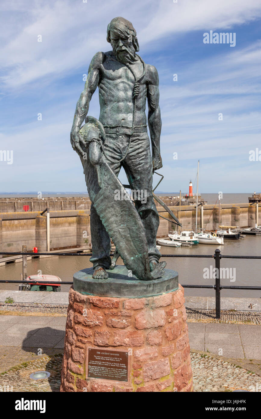 A statue of The Ancient Mariner by Alan Herriot erected in 2003 in the harbour at Watchet, Somerset UK. The poet Samuel Taylor Coleridge lived nearby. Stock Photo