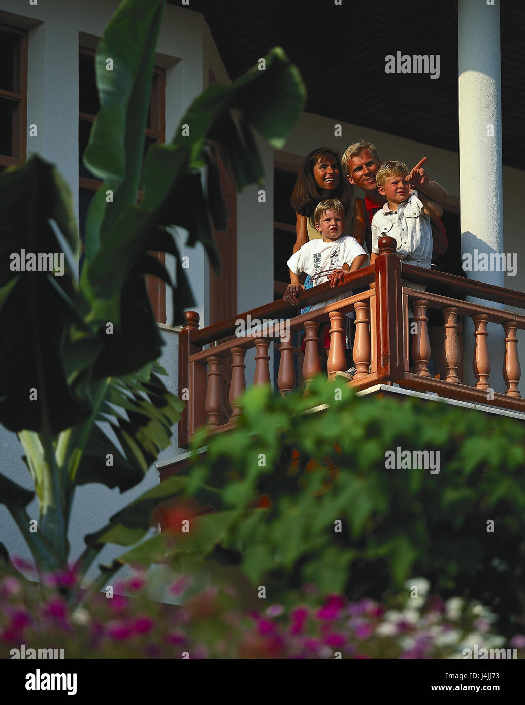 Hotel rooms, balcony, family, father, gesture, point outside, hotel, summer cottage, detail, holiday apartment, parents, young, boys, two, vacation, family vacation, happily, indicate, point, view, Stock Photo