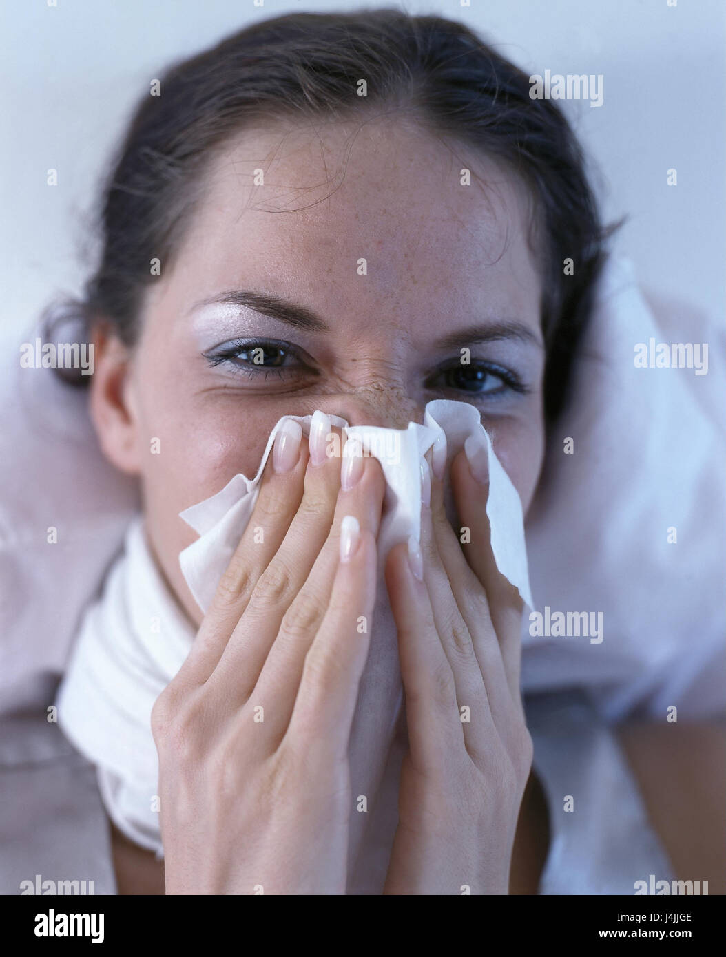 Bed, woman, ill, nose, clean disease, cold, coryza, hay fever, polling allergy, lie, catches cold, grip, to walrus moustaches, catches a chill, Verkühlung, illness, virus illness, Grippaler infection, paper tissue Stock Photo