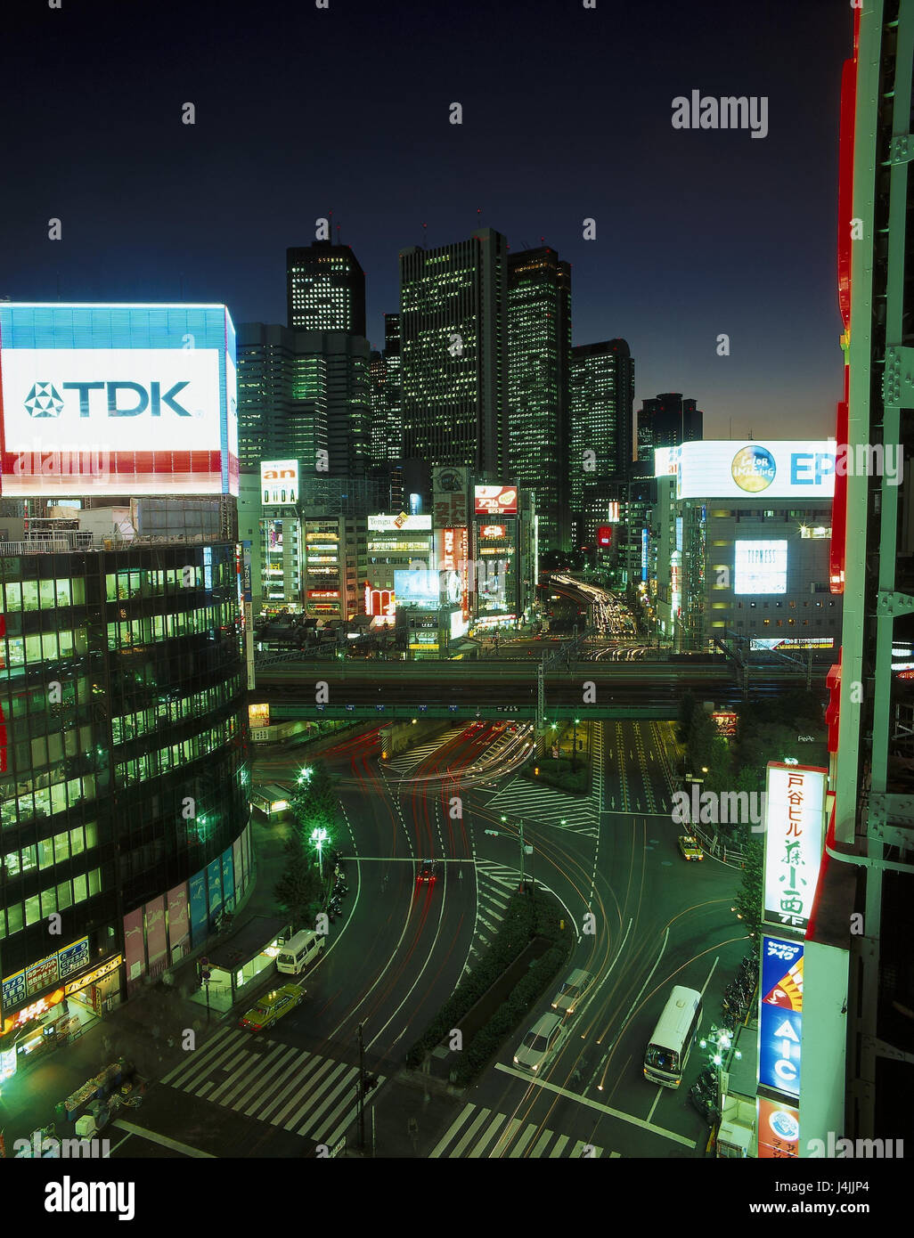 Japan, Tokyo, town view, part of town of Shinjuku, night outside, Asia, Tokyo, town, Honshu, capital, city, metropolis, houses, high rises, view, illuminateds, lighting, Shinjuku Dori Stock Photo