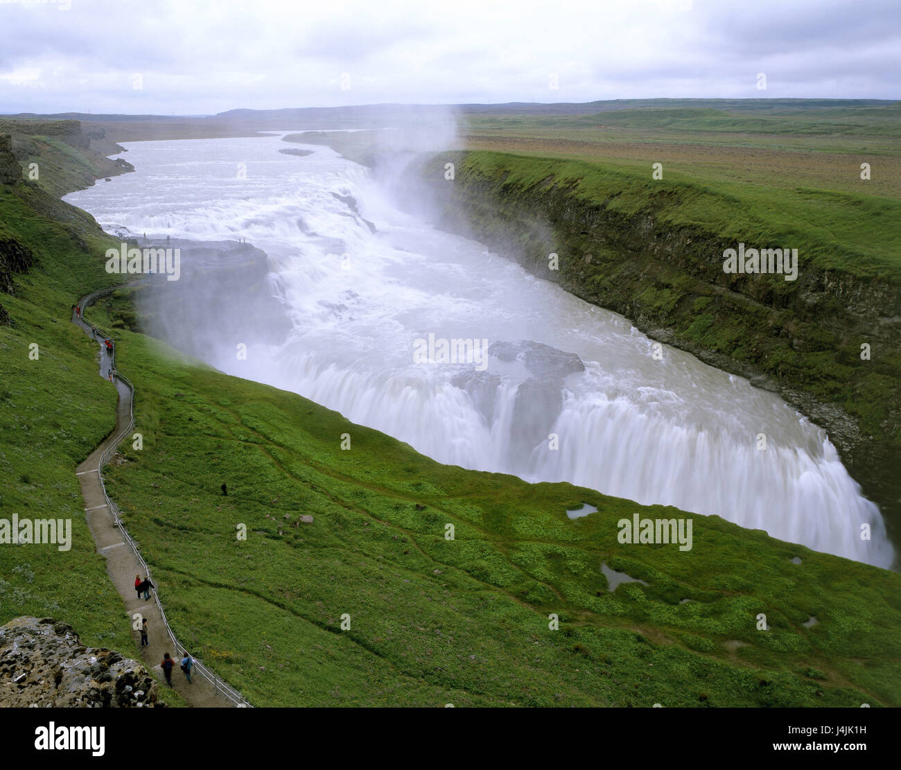 Iceland, scenery, flux Hvita, 'Gullfoss' waterfall, tourist Europe, island, Iceland, destination, footpath, railing, lookout, waters, water, flow, 'golden case', spectacle of nature, water measures, nature, place of interest Stock Photo