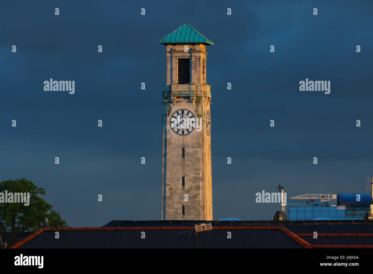 Southampton Guildhall Tower stands in a spring evening light showing 8 o'clock. Stock Photo