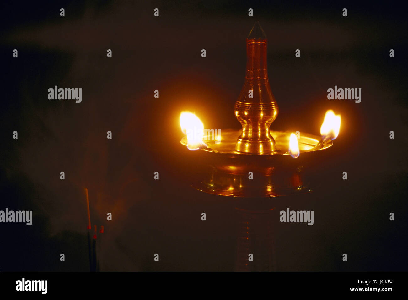 India, Tamil Nadu, temple, darkness, oil lamp, wicks, flames Asia