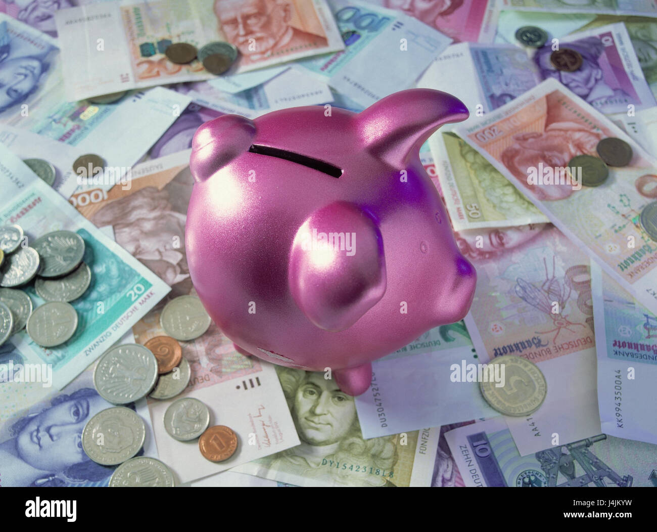 Banknotes, coins, German mark, piggy bank, pink money, banknote, bank