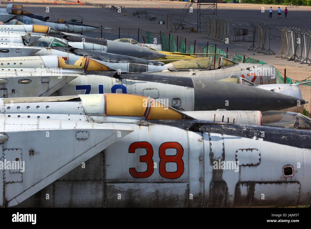 KHODYNSKOE POLE, MOSCOW, RUSSIA - JUNE 24, 2011: Various old airplanes standing at closed airport. Stock Photo