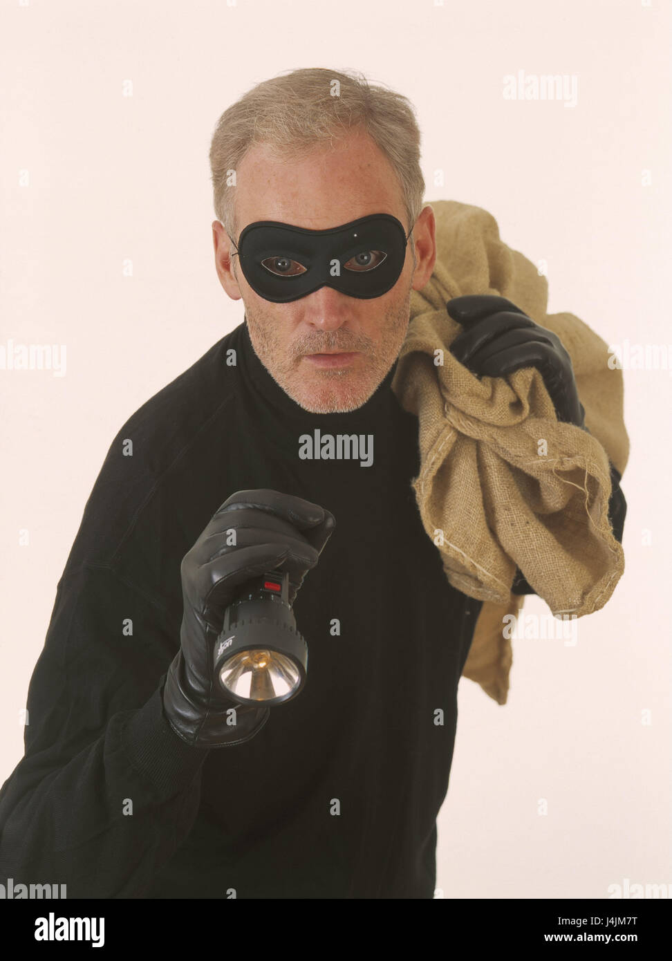 Burglar, clothes, black, mask, flashlight, pouch, half portrait man
