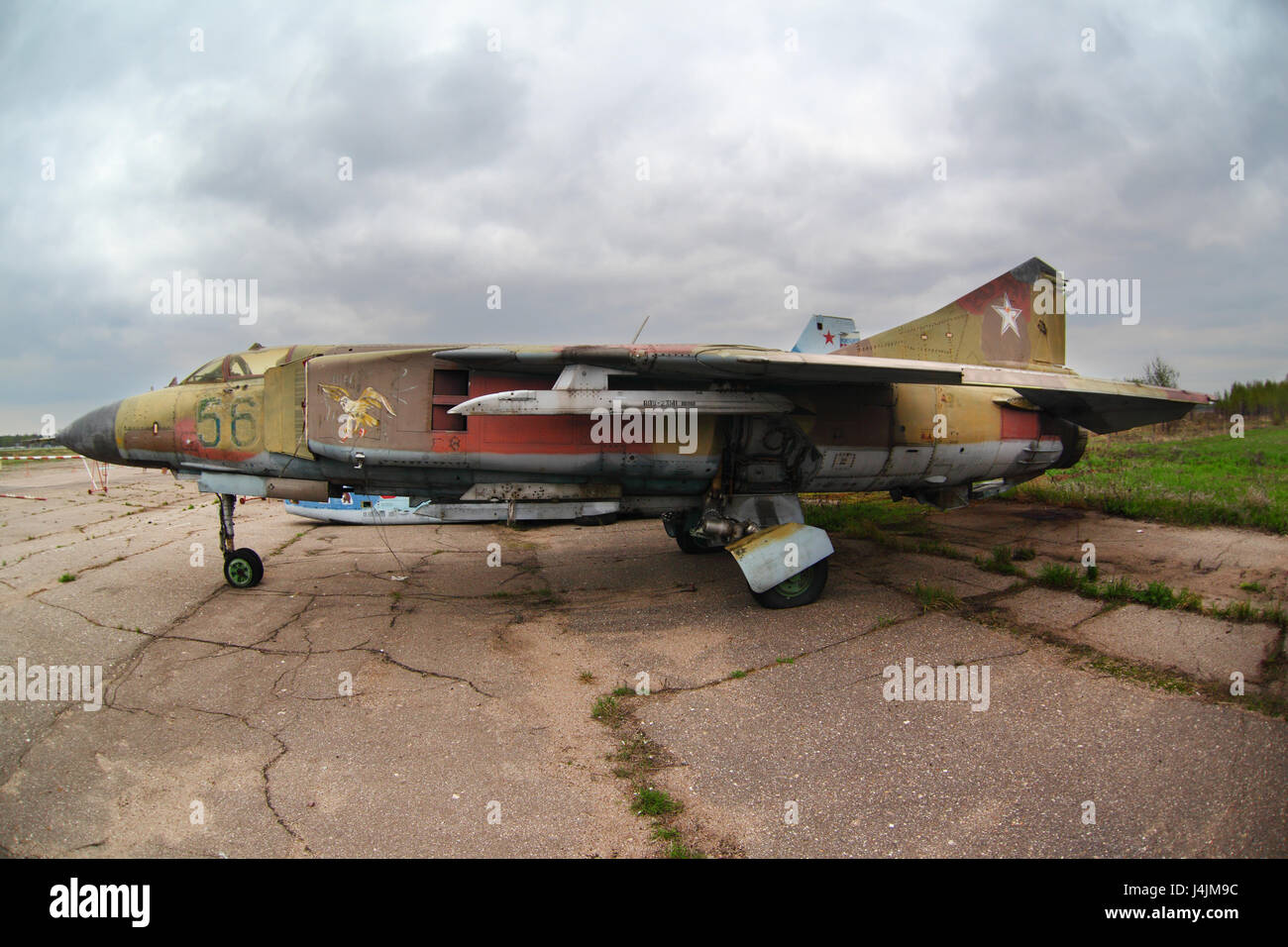 KUBINKA, MOSCOW REGION, RUSSIA - MAY 6, 2011: Mikoyan MiG-23 56 BLUE jet fighter of Russian air force on storage at Kubinka air force base. Stock Photo