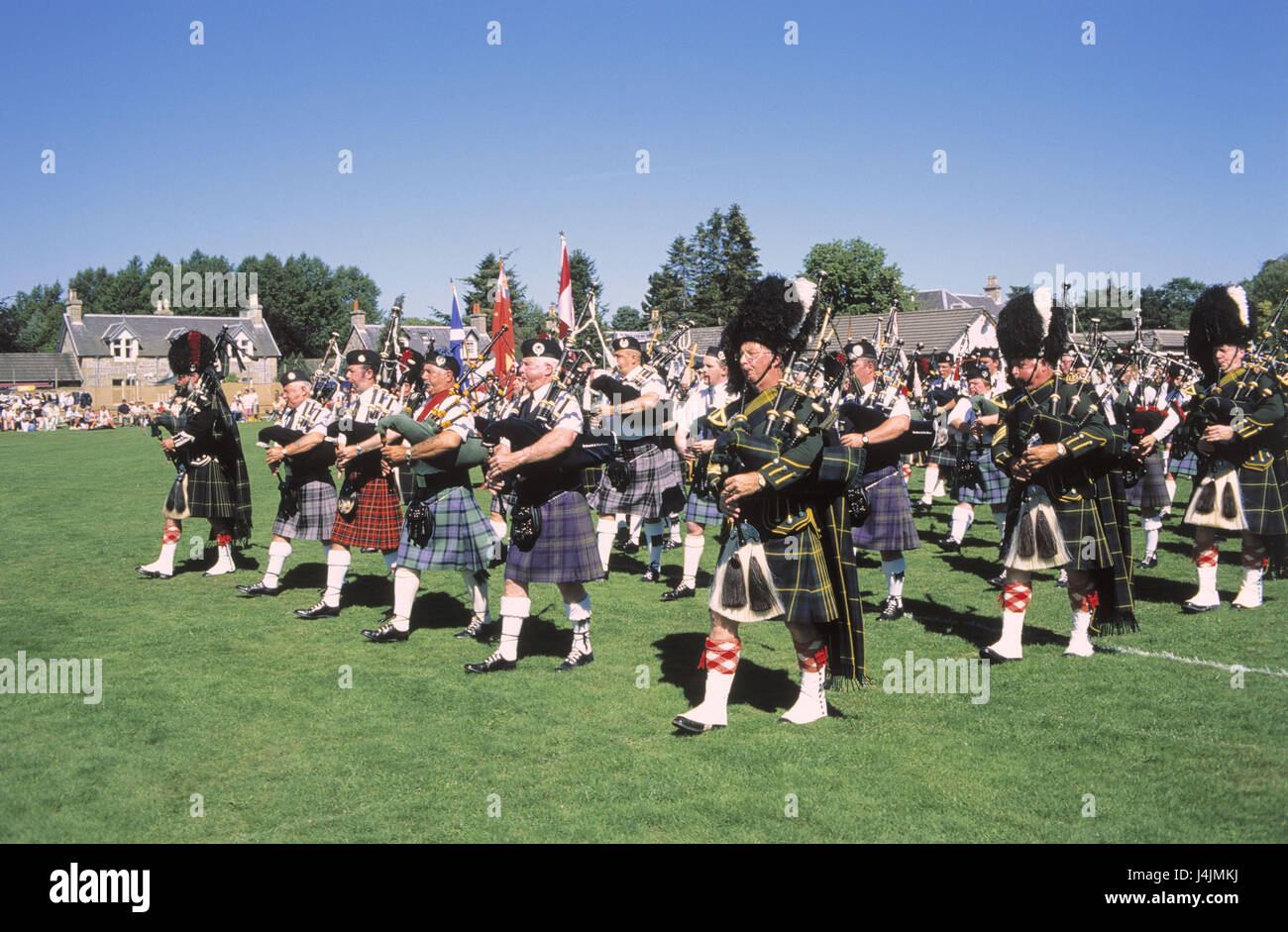 Great Britain, Scotland, highlands, pipers, save Europe, tradition, traditionally, in Scottish, musical instrument, wind instrument, bagpipes, music, march, clan, Stock Photo