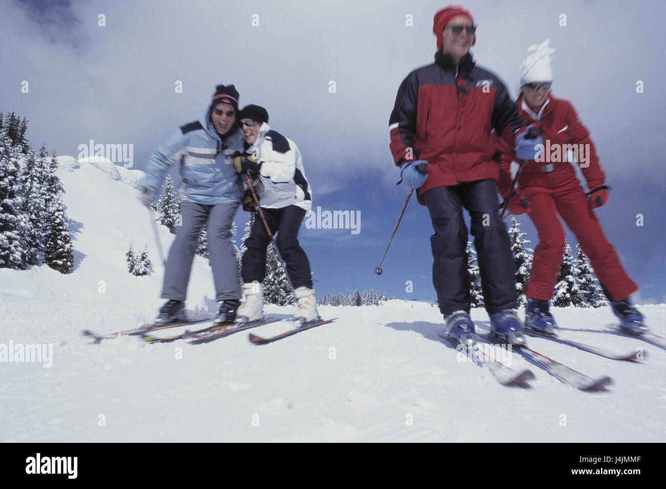 Winter, couples, skiing, melted snow, vacation, winter vacation, ski vacation, runway, skier, skier, skiing, men, women, four, motion, blur, winter sports Stock Photo
