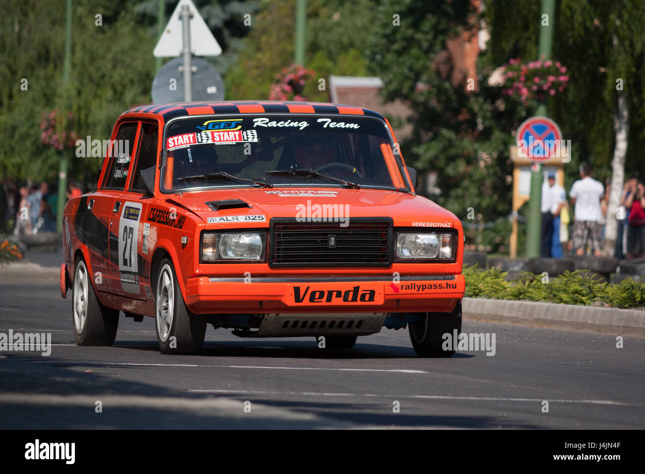 TOTKOMLOS, HUNGARY - JUNE 12, 2011: Lajos Szekely (driver) and Jozsef Laposi (co-driver) in their Lada (VAZ) 2107 at the II. Totkomlos Rally on June 1 Stock Photo