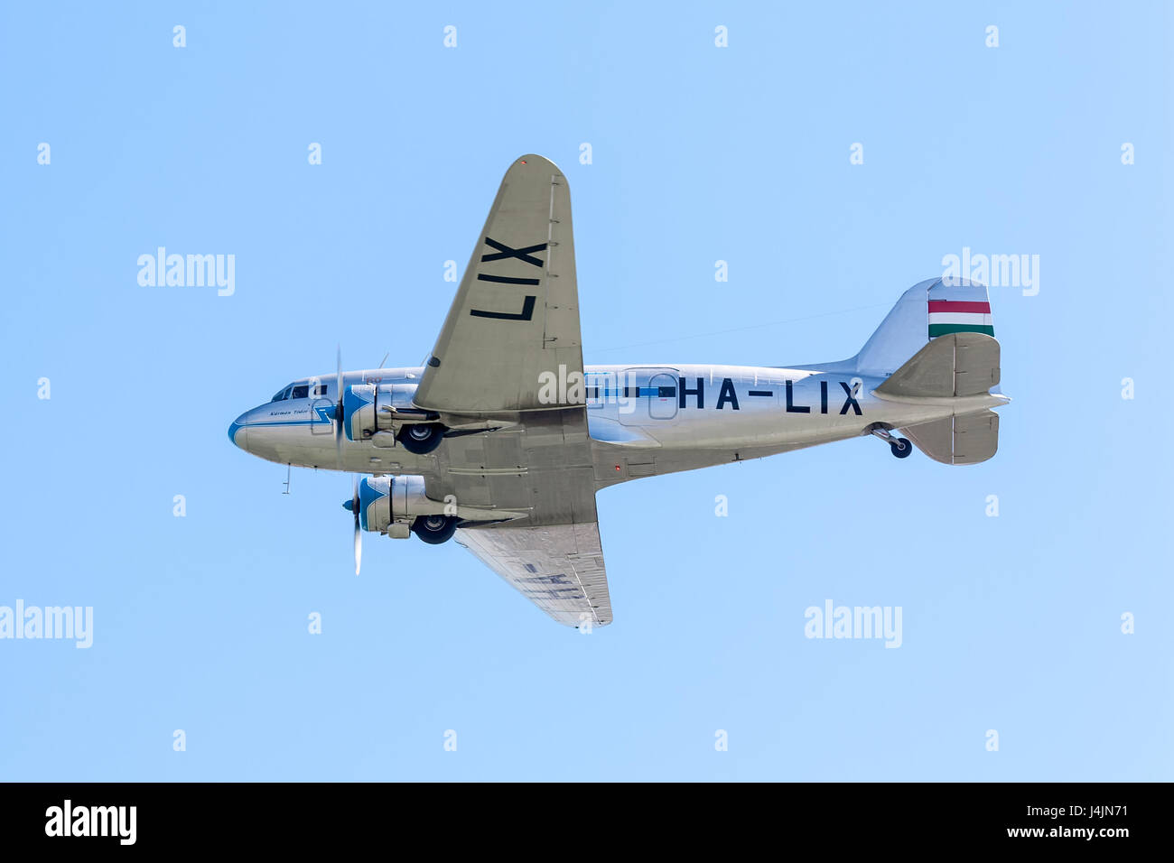 Budapest, Hungary - August 20, 2012: Lisunov Li-2 airplane (soviet copy of the famous DC-3) with historical painting over Danube river, during the Air Stock Photo