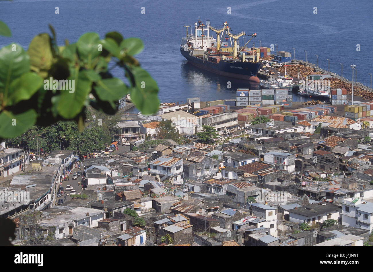 The Comoro Archipelago, island Anjouan, Mutsamudu, town overview, landing stage, freighter Africa, island state, Indian ocean, sea, Nzwani, town, coastal town, port, island capital, houses, residential houses, harbour, freighter, Verladestation Stock Photo