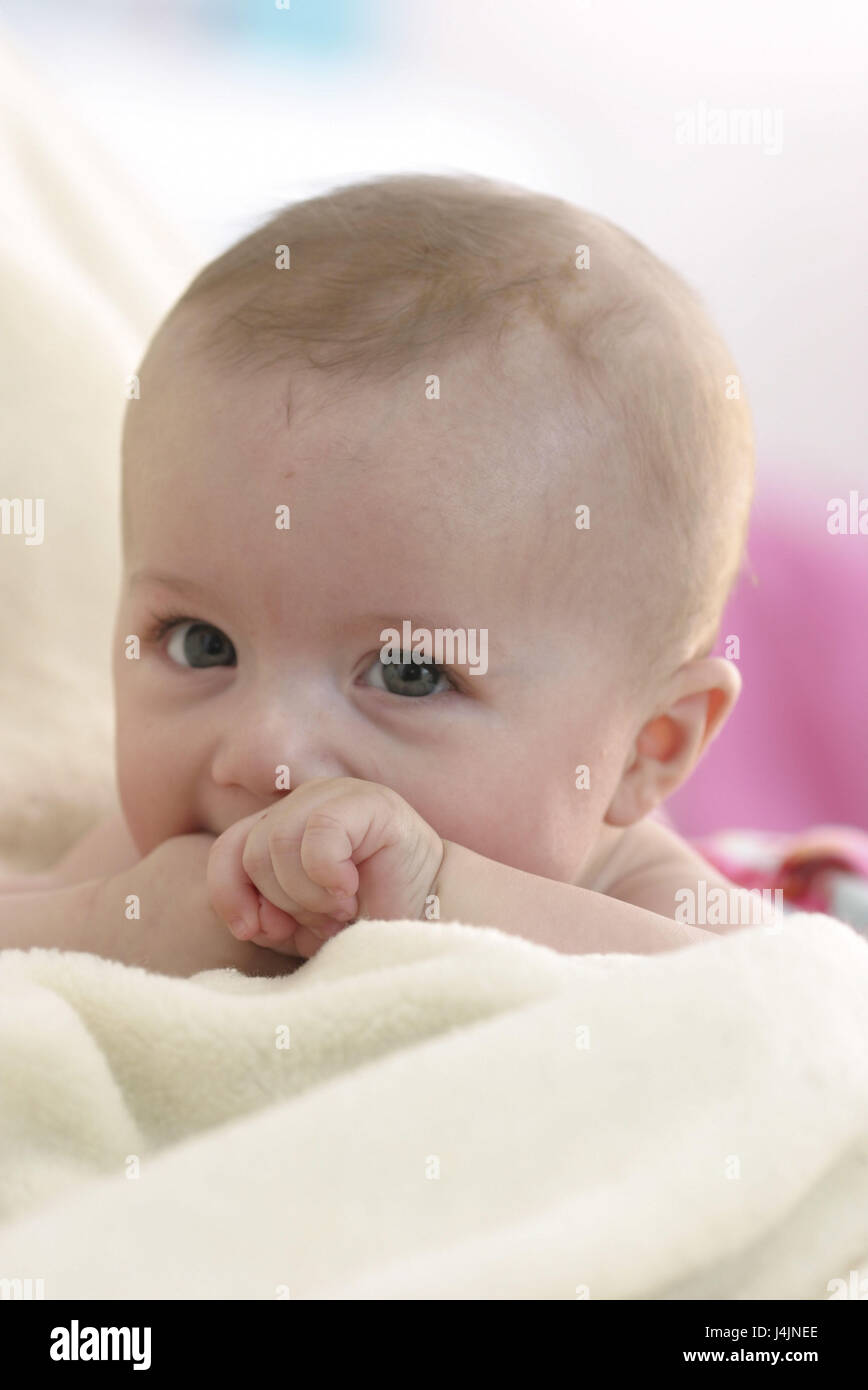 Baby, gesture, hand, mouth, ceiling, portrait, view camera child, small, 7 months, infant, blond