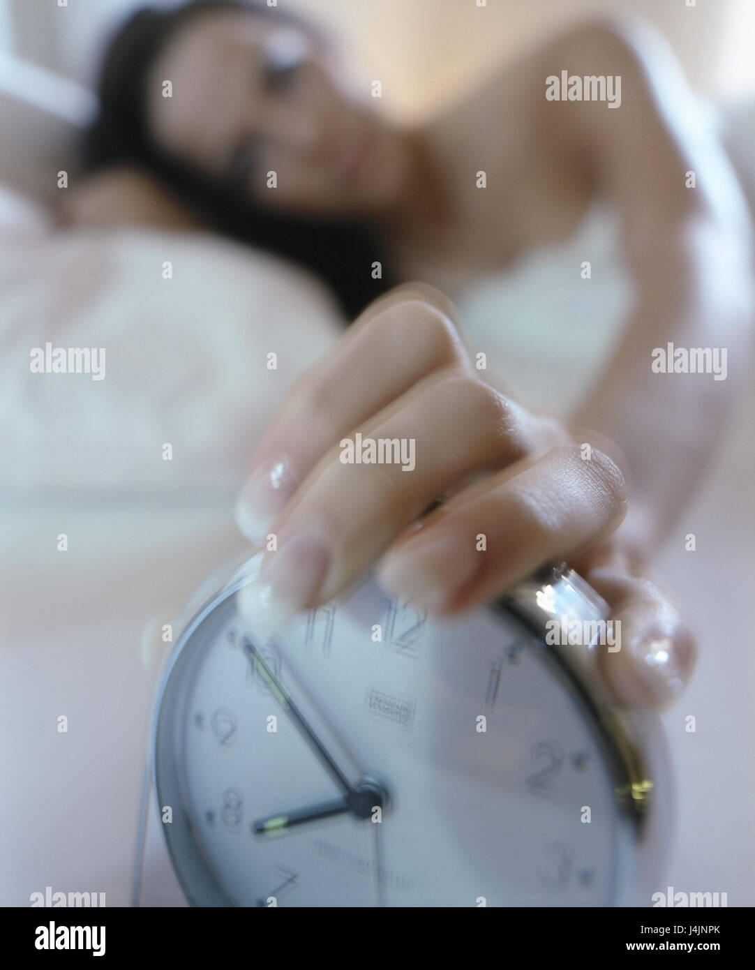 Bed, woman, sleep, sleep off hand, alarm clock, vague, bedroom, sleep, fatigue, tiredly, détente, rest, rest, morning, wake clock, alarm call, awakening time, wake up, alarm, sleepy, blur, Stock Photo