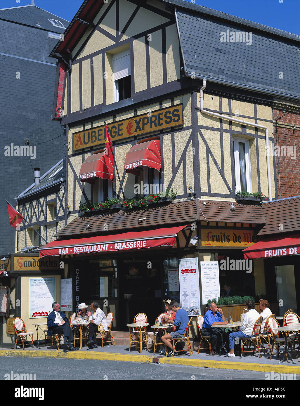 France, Normandy, Etretat, street cafe outside, summer, town, street ...