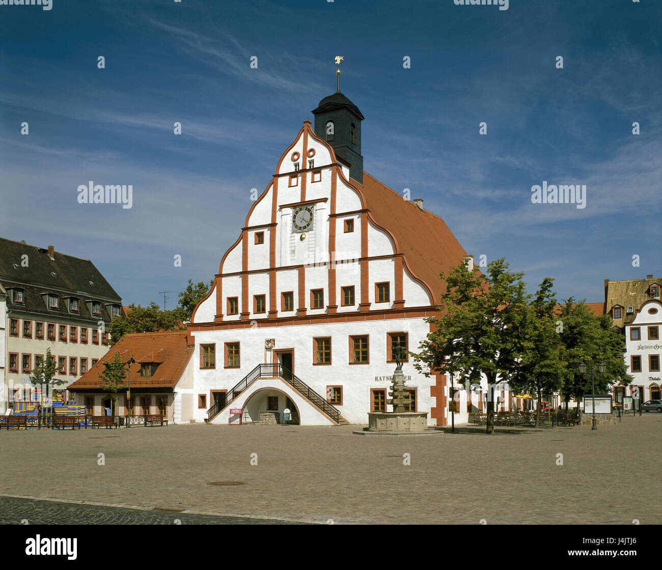 Germany, Saxony, Grimma, marketplace, city hall Europe, hollow talc rice, local view, rathskeller, building, structure, architecture, architectural style, Renaissance, place of interest, outside Stock Photo