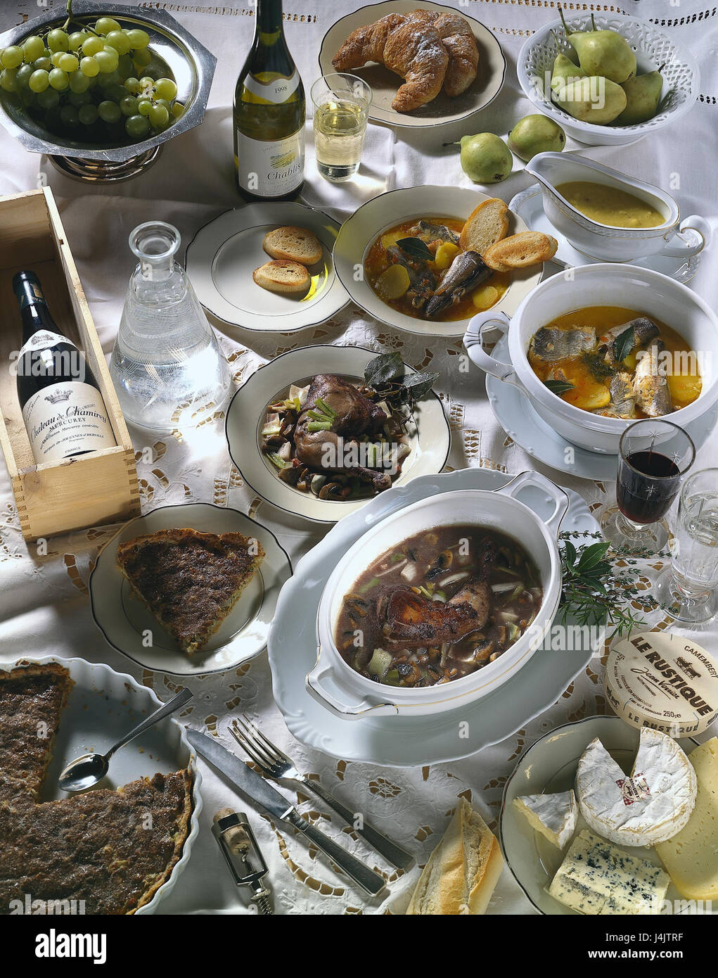Foods, drinks, in French, bouillabaisse, Coq ouch Vin, quiche Lorraine  Still life, object photography, cuisine, dishes, France, typically,  specialities, cheese, Camembert, fish soup, main courses, desserts, side  dishes, wine, white, red, red