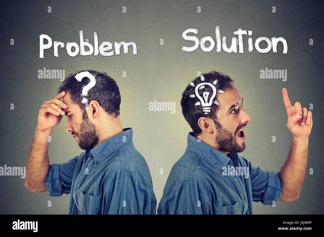Thoughtful man with question mark has a solution bright idea Stock Photo